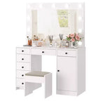 Coiffeuse blanche avec miroir et lumières, table de maquillage moderne avec station de charge et tiroirs, coiffeuse en bois avec rangement pour chambre à coucher