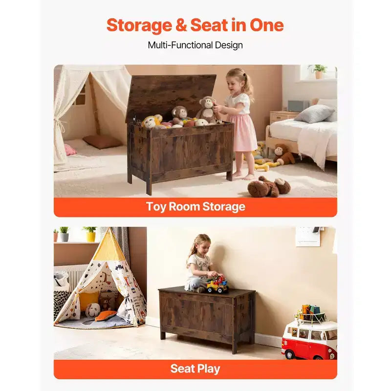 Banc de rangement pour enfants VEVOR, Coffre à jouets en bois, Grand meuble de rangement avec charnière de sécurité, Banc de rangement rétro pour tout-petits, Marron