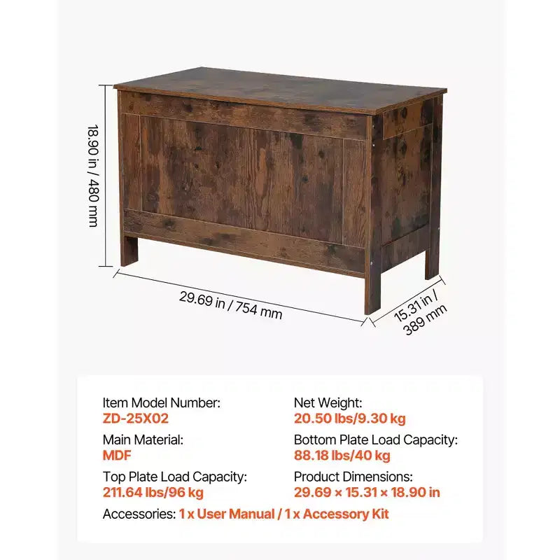 Banc de rangement pour enfants VEVOR, Coffre à jouets en bois, Grand meuble de rangement avec charnière de sécurité, Banc de rangement rétro pour tout-petits, Marron