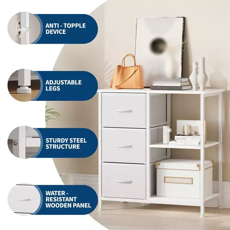 Classeur, Meuble de bureau avec 3 tiroirs et 2 compartiments ouverts, Meuble à tiroirs étanche, Support d'imprimante, Armoire à dossiers avec pieds réglables