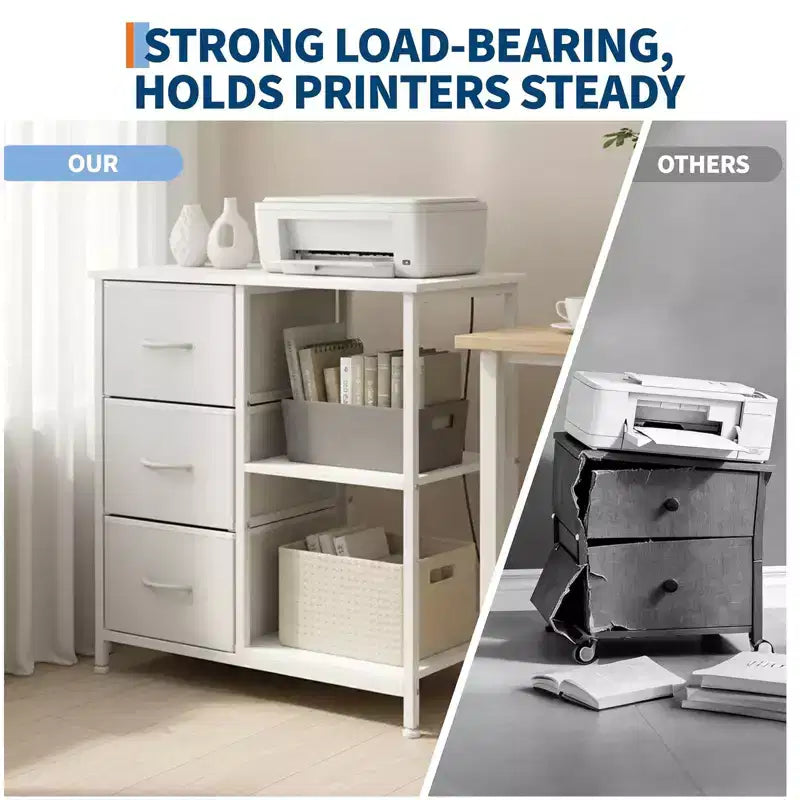 Classeur, Meuble de bureau avec 3 tiroirs et 2 compartiments ouverts, Meuble à tiroirs étanche, Support d'imprimante, Armoire à dossiers avec pieds réglables