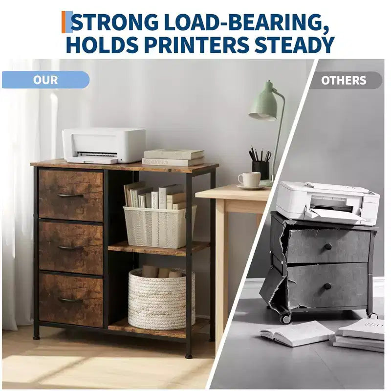 Classeur, Meuble de bureau avec 3 tiroirs et 2 compartiments ouverts, Meuble à tiroirs étanche, Support d'imprimante, Armoire à dossiers avec pieds réglables