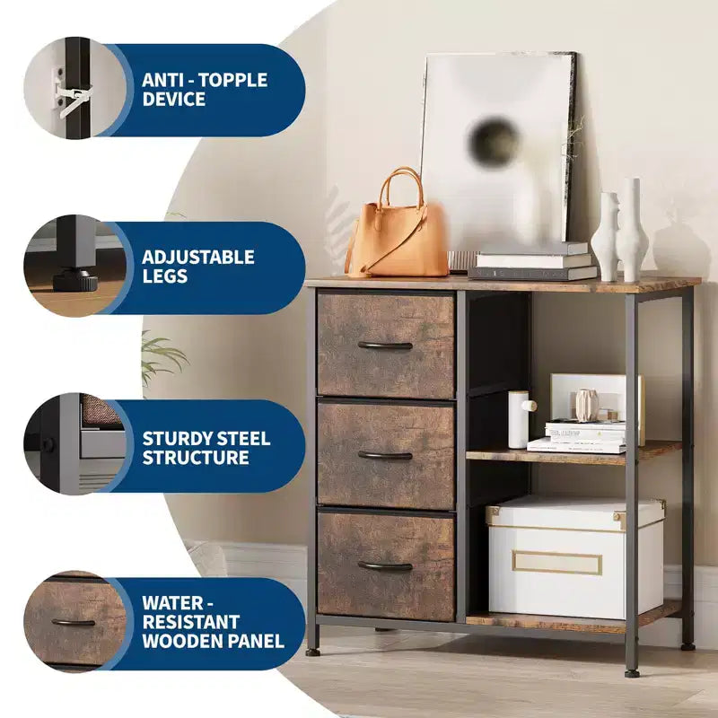 Classeur, Meuble de bureau avec 3 tiroirs et 2 compartiments ouverts, Meuble à tiroirs étanche, Support d'imprimante, Armoire à dossiers avec pieds réglables