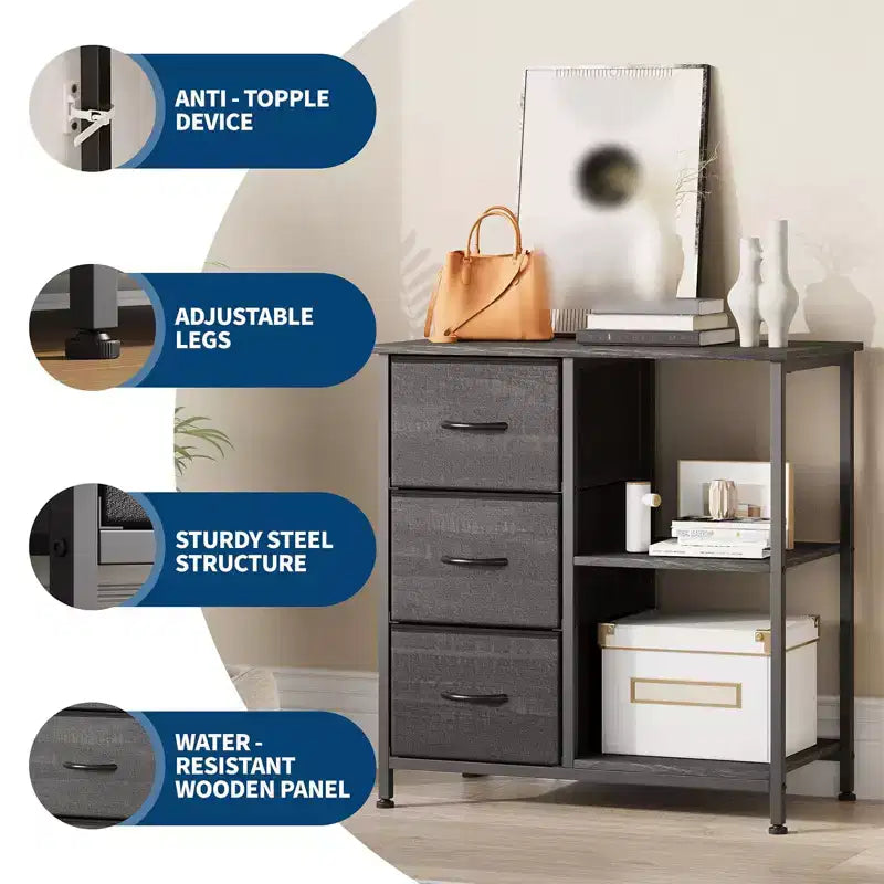 Classeur, Meuble de bureau avec 3 tiroirs et 2 compartiments ouverts, Meuble à tiroirs étanche, Support d'imprimante, Armoire à dossiers avec pieds réglables