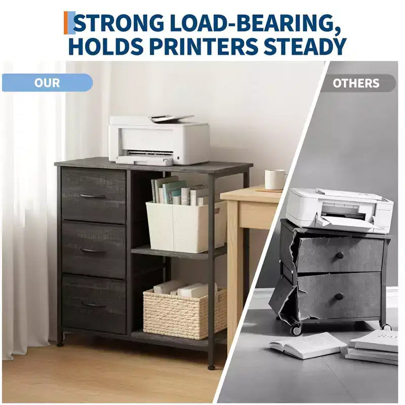 Classeur, Meuble de bureau avec 3 tiroirs et 2 compartiments ouverts, Meuble à tiroirs étanche, Support d'imprimante, Armoire à dossiers avec pieds réglables