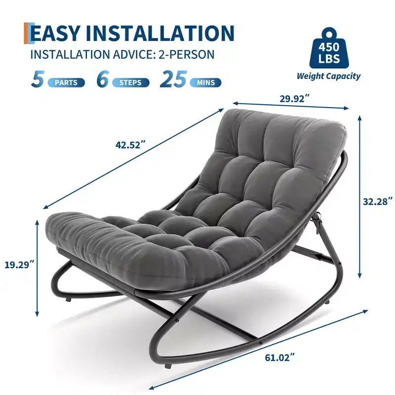 Fauteuil à bascule surdimensionné, cadre métallique robuste, capacité de 180 kg, chaise longue à bascule confortable, pour véranda, jardin, salon