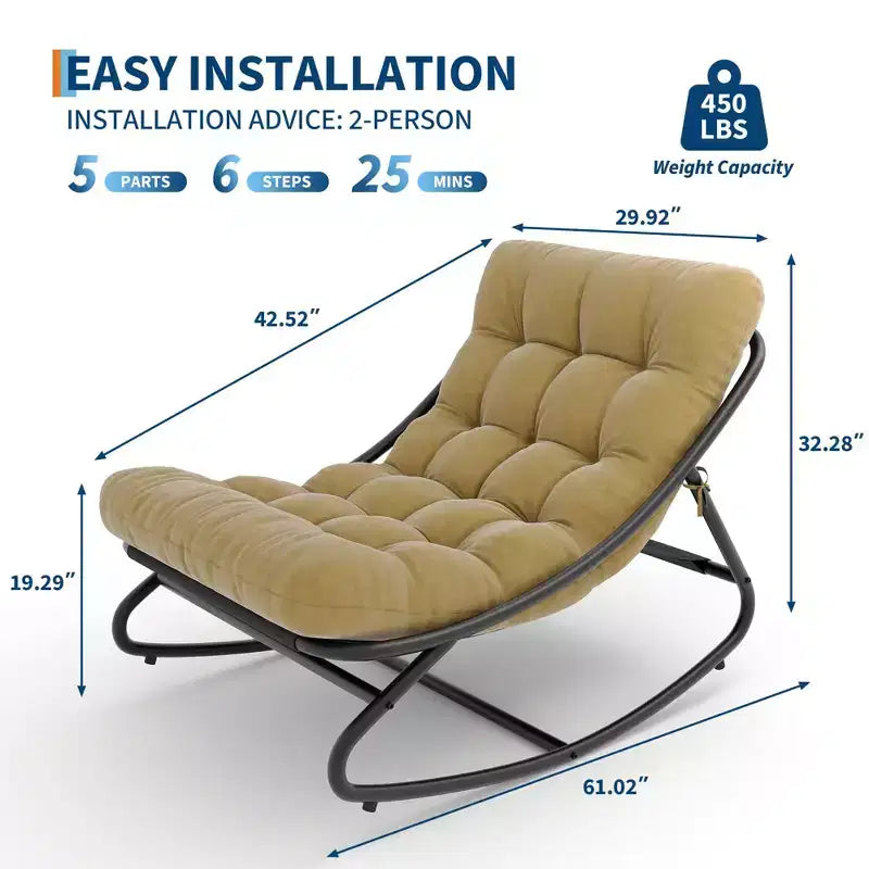 Fauteuil à bascule surdimensionné, cadre métallique robuste, capacité de 180 kg, chaise longue à bascule confortable, pour véranda, jardin, salon
