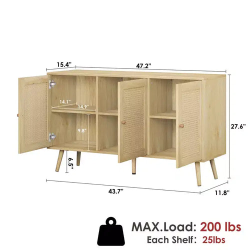 Buffet en rotin de 47,2 po avec 3 portes pour cuisine, salon, entrée, salle à manger