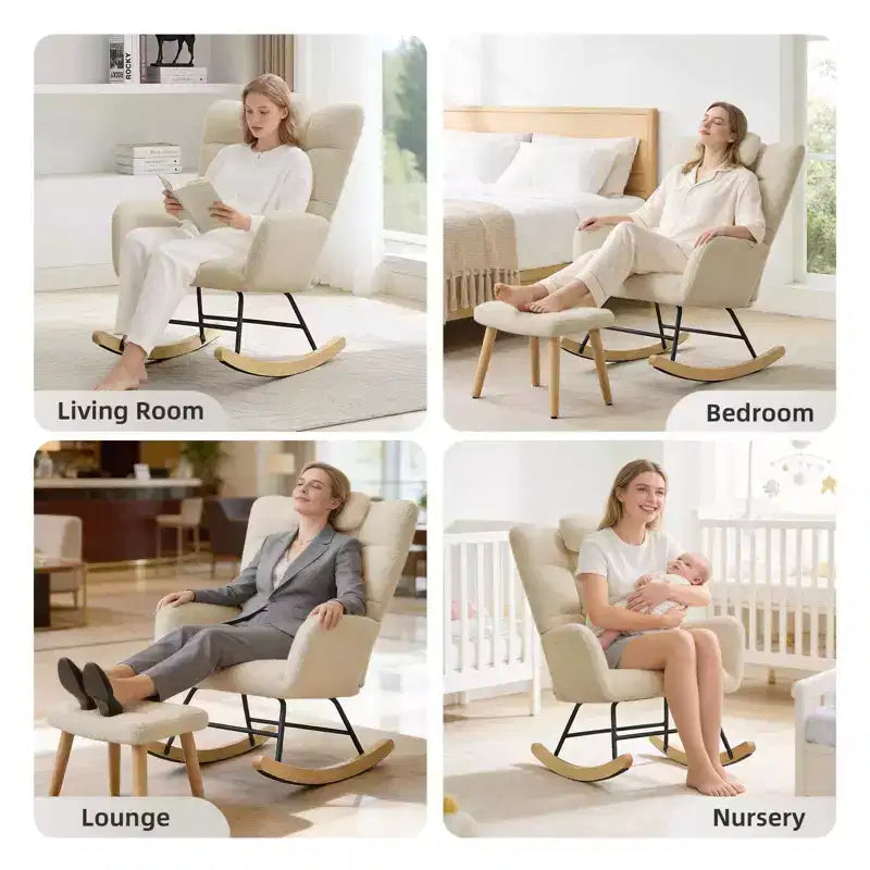 Fauteuil à bascule moderne et rembourré à dossier haut, fauteuil inclinable et planeur avec coussin moelleux pour adultes, parfait pour le salon et la chambre à coucher