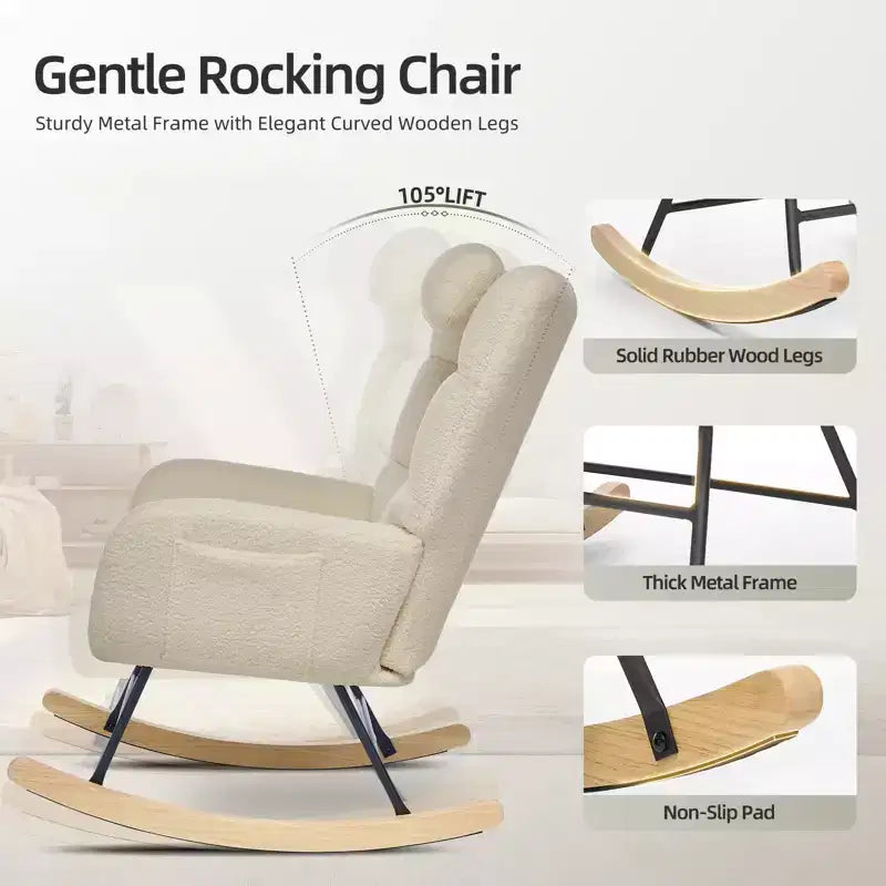 Fauteuil à bascule moderne et rembourré à dossier haut, fauteuil inclinable et planeur avec coussin moelleux pour adultes, parfait pour le salon et la chambre à coucher