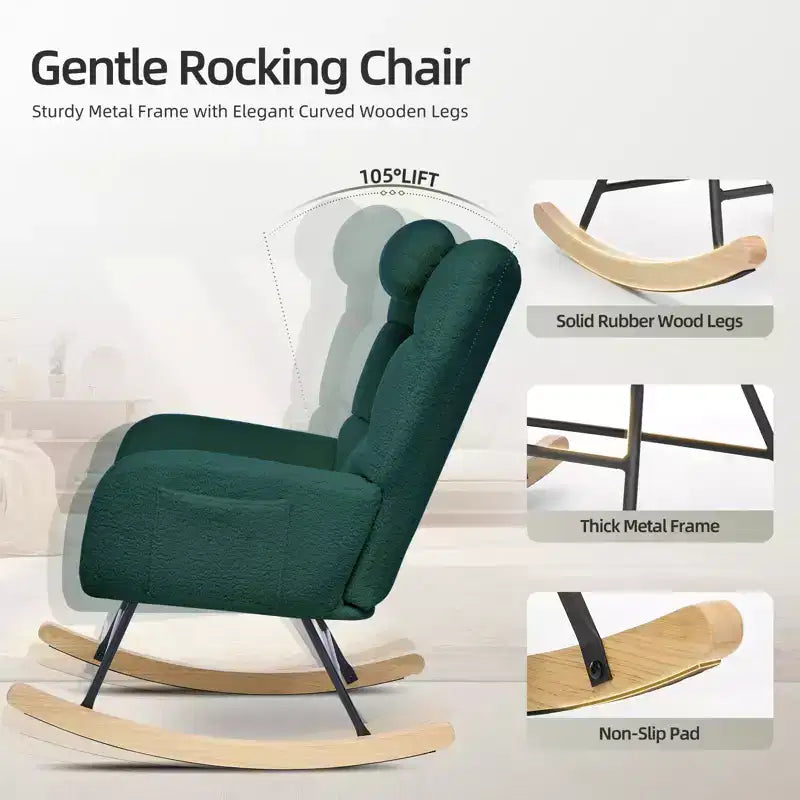 Fauteuil à bascule moderne et rembourré à dossier haut, fauteuil inclinable et planeur avec coussin moelleux pour adultes, parfait pour le salon et la chambre à coucher