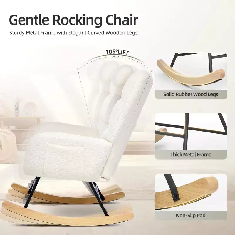 Fauteuil à bascule moderne et rembourré à dossier haut, fauteuil inclinable et planeur avec coussin moelleux pour adultes, parfait pour le salon et la chambre à coucher