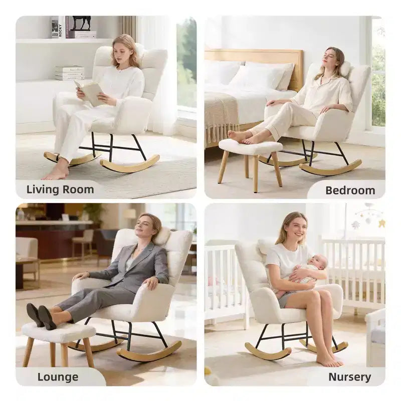 Fauteuil à bascule moderne et rembourré à dossier haut, fauteuil inclinable et planeur avec coussin moelleux pour adultes, parfait pour le salon et la chambre à coucher
