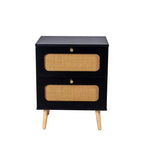 Table de chevet moderne du milieu du siècle avec LED/veilleuse, tiroir de rangement, meuble à porte, détails en rotin, bois et rotin (W2282P220561)