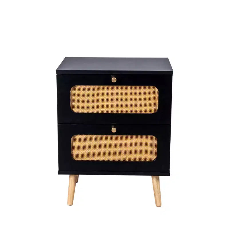 Table de chevet moderne du milieu du siècle avec LED/veilleuse, tiroir de rangement, meuble à porte, détails en rotin, bois et rotin (W2282P220561)