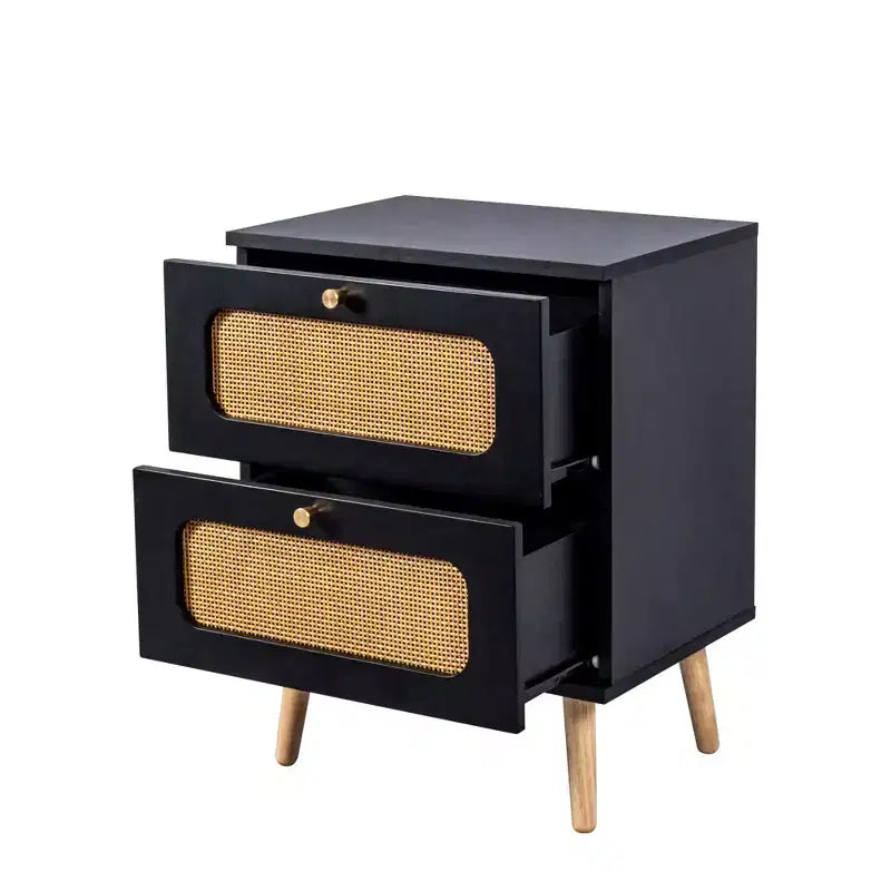 Table de chevet moderne du milieu du siècle avec LED/veilleuse, tiroir de rangement, meuble à porte, détails en rotin, bois et rotin (W2282P220561)