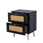 Table de chevet moderne du milieu du siècle avec LED/veilleuse, tiroir de rangement, meuble à porte, détails en rotin, bois et rotin (W2282P220561)