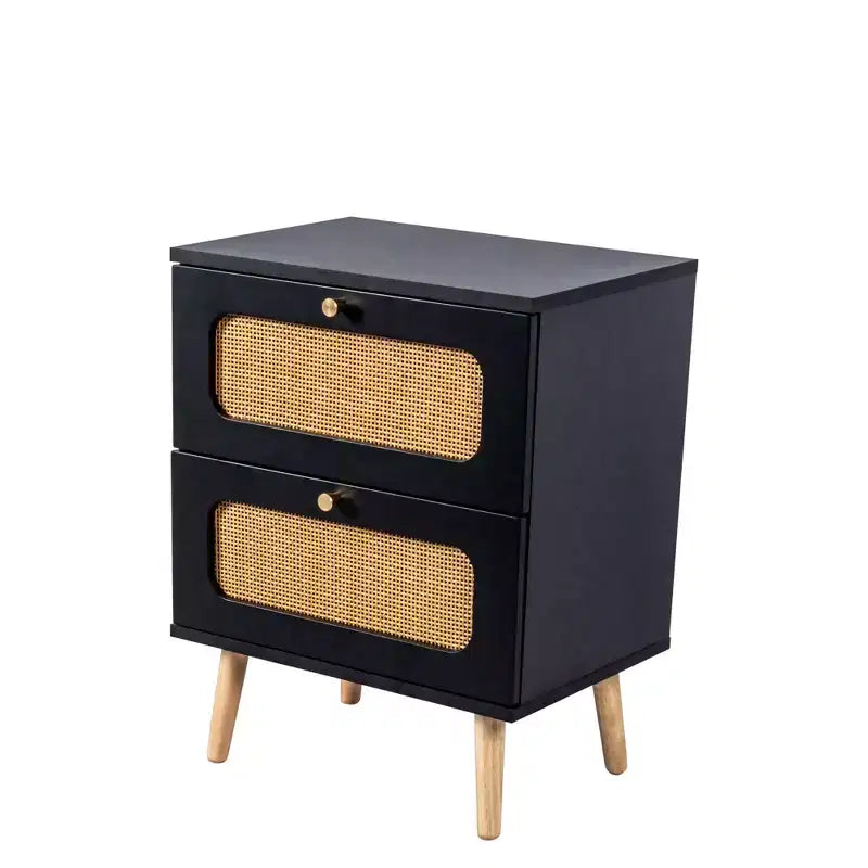 Table de chevet moderne du milieu du siècle avec LED/veilleuse, tiroir de rangement, meuble à porte, détails en rotin, bois et rotin (W2282P220561)