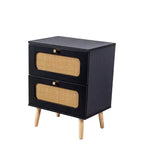 Table de chevet moderne du milieu du siècle avec LED/veilleuse, tiroir de rangement, meuble à porte, détails en rotin, bois et rotin (W2282P220561)