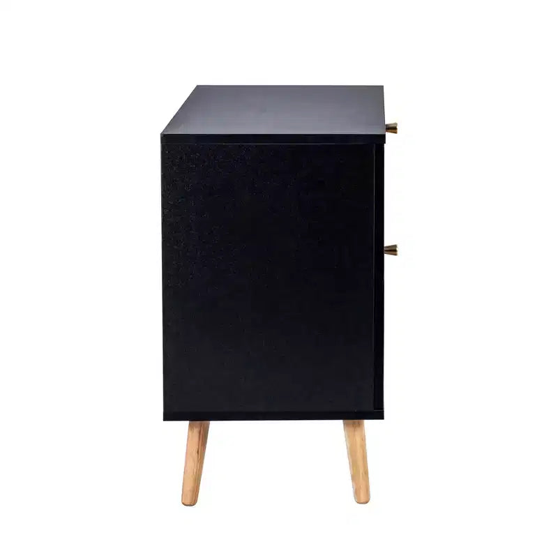 Table de chevet moderne du milieu du siècle avec LED/veilleuse, tiroir de rangement, meuble à porte, détails en rotin, bois et rotin (W2282P220561)