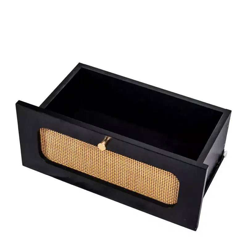 Table de chevet moderne du milieu du siècle avec LED/veilleuse, tiroir de rangement, meuble à porte, détails en rotin, bois et rotin (W2282P220561)