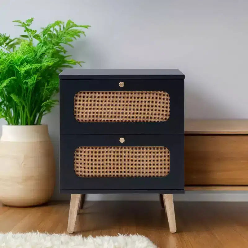 Table de chevet moderne du milieu du siècle avec LED/veilleuse, tiroir de rangement, meuble à porte, détails en rotin, bois et rotin (W2282P220561)