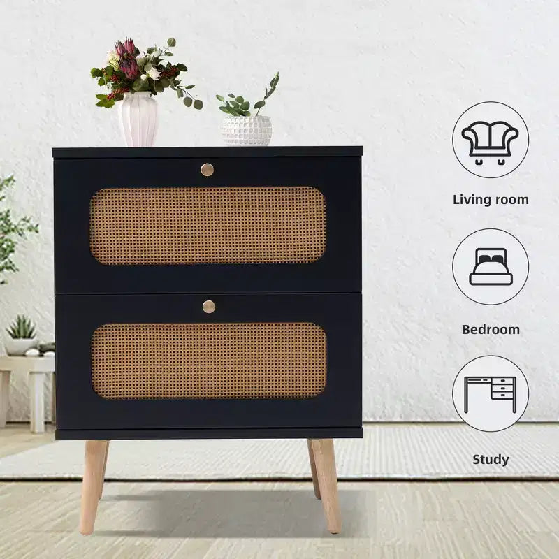 Table de chevet moderne du milieu du siècle avec LED/veilleuse, tiroir de rangement, meuble à porte, détails en rotin, bois et rotin (W2282P220561)