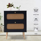 Table de chevet moderne du milieu du siècle avec LED/veilleuse, tiroir de rangement, meuble à porte, détails en rotin, bois et rotin (W2282P220561)