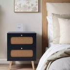Table de chevet moderne du milieu du siècle avec LED/veilleuse, tiroir de rangement, meuble à porte, détails en rotin, bois et rotin (W2282P220561)