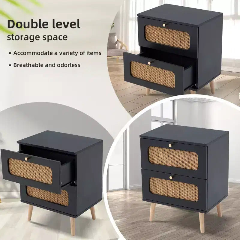 Table de chevet moderne du milieu du siècle avec LED/veilleuse, tiroir de rangement, meuble à porte, détails en rotin, bois et rotin (W2282P220561)