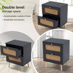 Table de chevet moderne du milieu du siècle avec LED/veilleuse, tiroir de rangement, meuble à porte, détails en rotin, bois et rotin (W2282P220561)