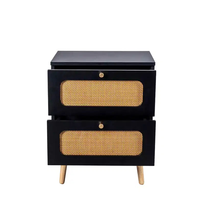 Table de chevet moderne du milieu du siècle avec LED/veilleuse, tiroir de rangement, meuble à porte, détails en rotin, bois et rotin (W2282P220561)