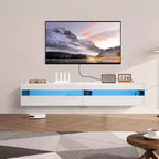 Meuble TV flottant VEVOR, meuble TV mural de 180 cm avec prise de courant et lumières LED, étagère TV flottante moderne avec 2 tiroirs, blanc