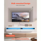 Meuble TV flottant VEVOR, meuble TV mural de 180 cm avec prise de courant et lumières LED, étagère TV flottante moderne avec 2 tiroirs, blanc