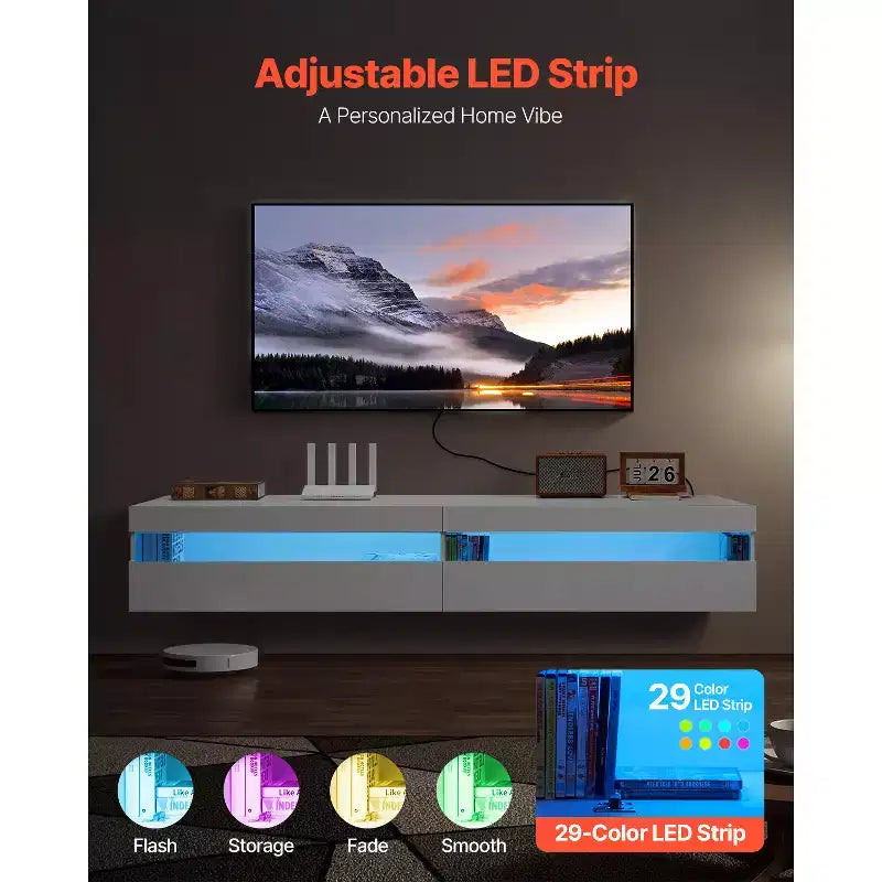 Meuble TV flottant VEVOR, meuble TV mural de 180 cm avec prise de courant et lumières LED, étagère TV flottante moderne avec 2 tiroirs, blanc