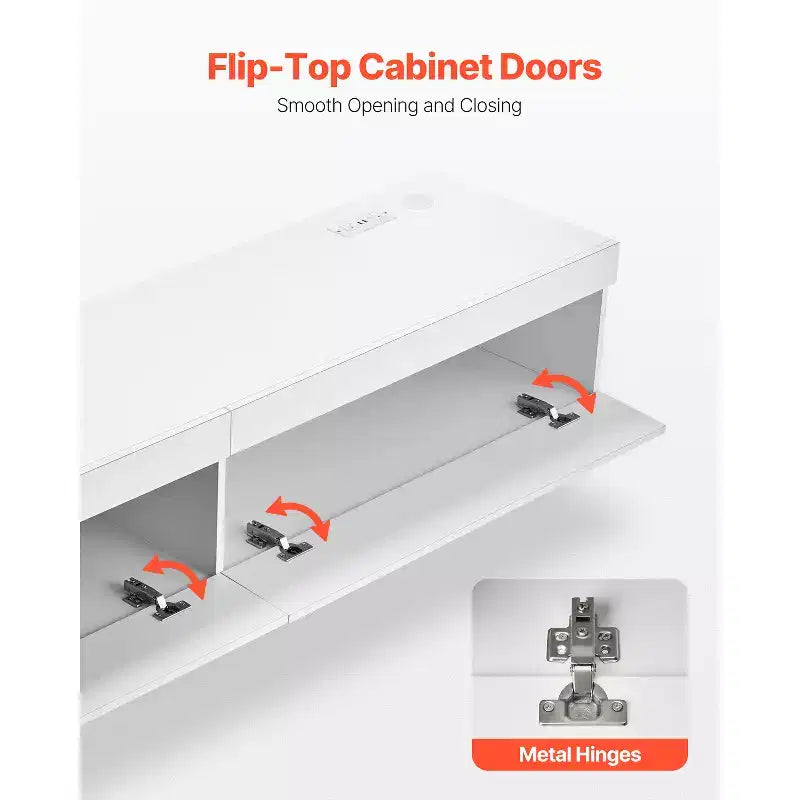 Meuble TV flottant VEVOR, meuble TV mural de 180 cm avec prise de courant et lumières LED, étagère TV flottante moderne avec 2 tiroirs, blanc