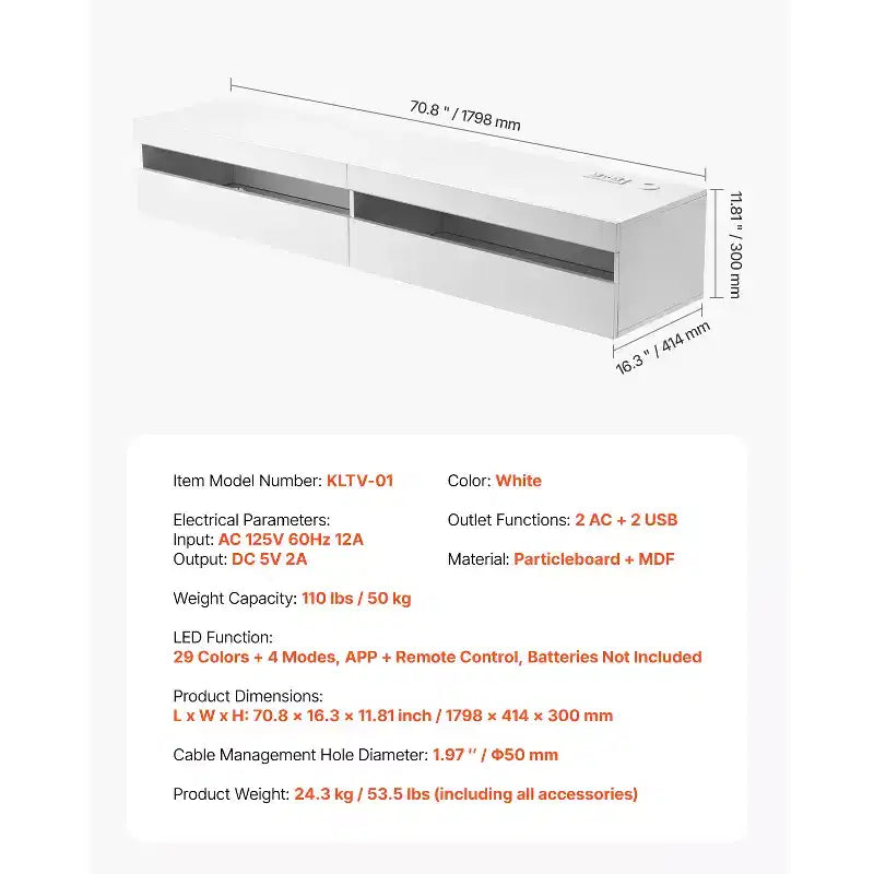 Meuble TV flottant VEVOR, meuble TV mural de 180 cm avec prise de courant et lumières LED, étagère TV flottante moderne avec 2 tiroirs, blanc