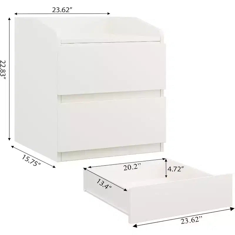 Table de chevet blanche moderne avec 2 tiroirs, design incurvé et sans poignée pour salon ou chambre à coucher