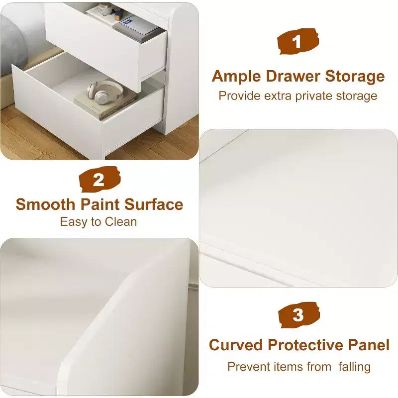Table de chevet blanche moderne avec 2 tiroirs, design incurvé et sans poignée pour salon ou chambre à coucher