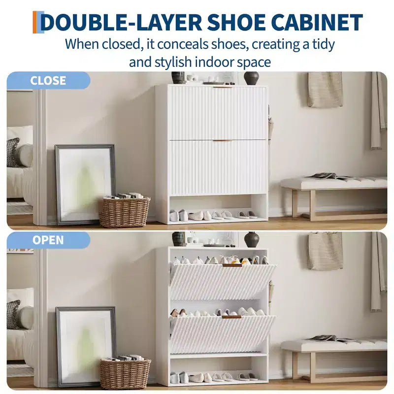 Meuble à chaussures moderne et mince pour entrée, 2 tiroirs basculants, organisateur caché, étagère à chaussures autoportante pour couloir, 80 cm de large