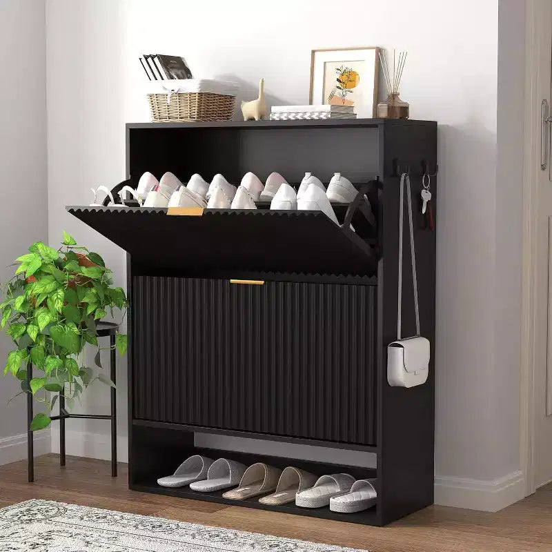Meuble à chaussures moderne et mince pour entrée, 2 tiroirs basculants, organisateur caché, étagère à chaussures autoportante pour couloir, 80 cm de large
