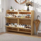 4 Flip-Drawer Shoe Storage Cabinet - Free Standing Narrow Organizer with Rattan Doors for Entryway & Hallway