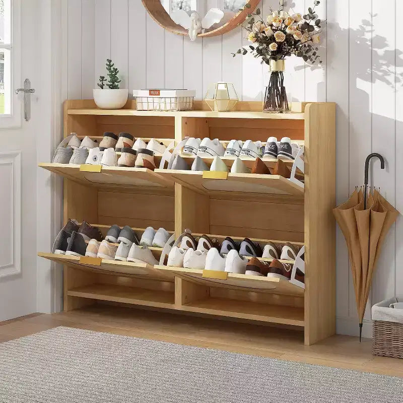 4 Flip-Drawer Shoe Storage Cabinet - Free Standing Narrow Organizer with Rattan Doors for Entryway & Hallway