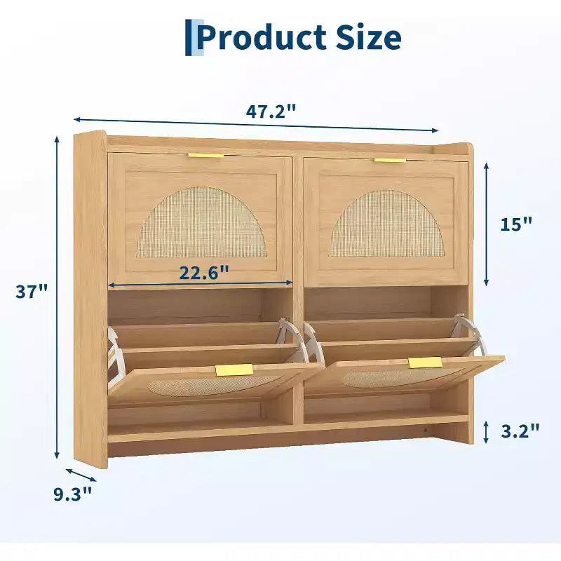Meuble à chaussures 4 tiroirs basculants – Organiseur étroit autoportant avec portes en rotin pour entrée et couloir