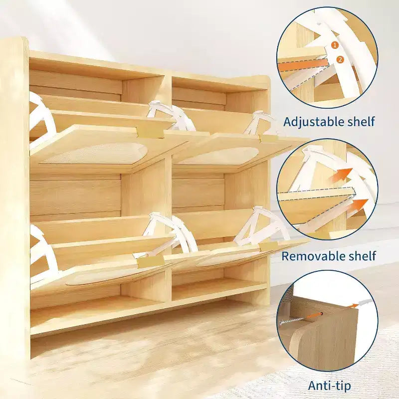 Meuble à chaussures 4 tiroirs basculants – Organiseur étroit autoportant avec portes en rotin pour entrée et couloir