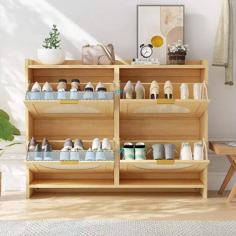 Meuble à chaussures 4 tiroirs basculants – Organiseur étroit autoportant avec portes en rotin pour entrée et couloir