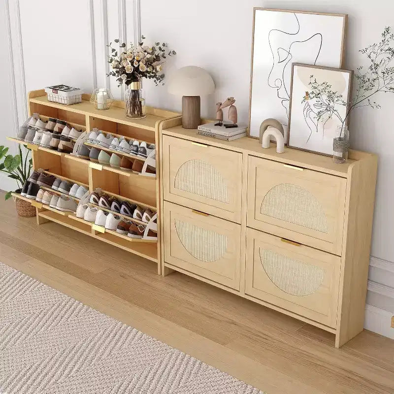 Meuble à chaussures 4 tiroirs basculants – Organiseur étroit autoportant avec portes en rotin pour entrée et couloir