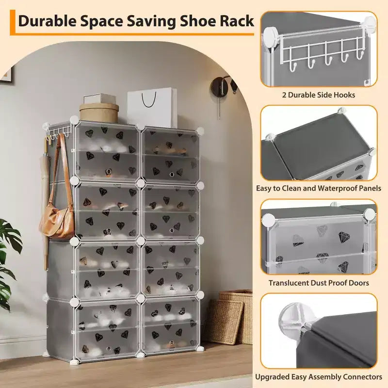 Étagère à Chaussures Extensible à 8 Niveaux avec Porte, Peut Contenir 32 Paires, Armoire de Rangement à Chaussures Détachable, Organiseur d'Entrée et de Chambre à Coucher Peu Encombrant