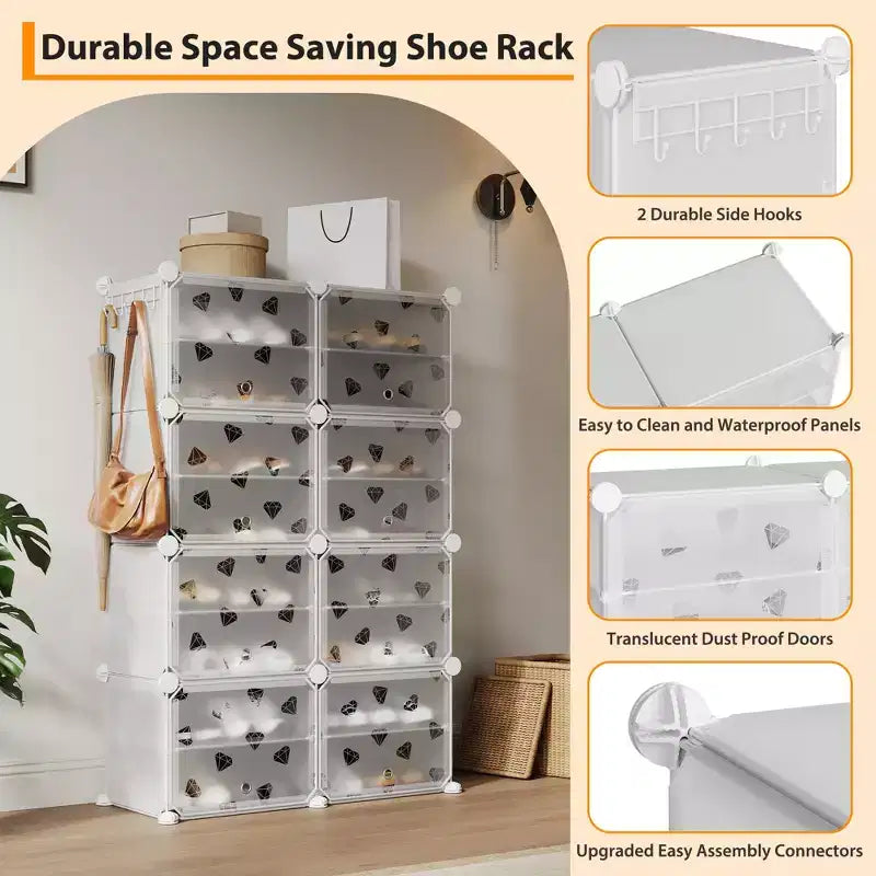 Étagère à Chaussures Extensible à 8 Niveaux avec Porte, Peut Contenir 32 Paires, Armoire de Rangement à Chaussures Détachable, Organiseur d'Entrée et de Chambre à Coucher Peu Encombrant