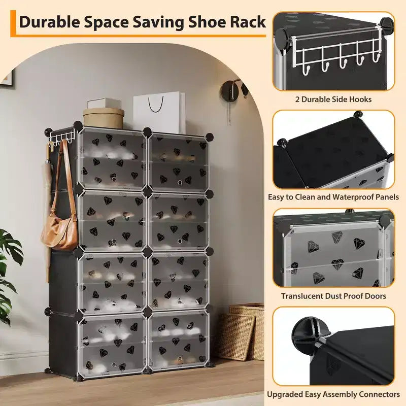 Étagère à Chaussures Extensible à 8 Niveaux avec Porte, Peut Contenir 32 Paires, Armoire de Rangement à Chaussures Détachable, Organiseur d'Entrée et de Chambre à Coucher Peu Encombrant